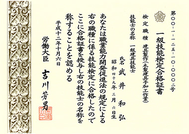 平成12年　1級合格証